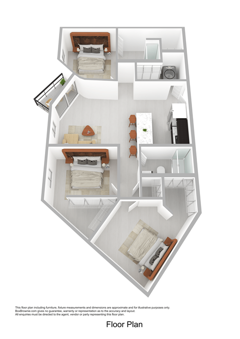 Floor plan for 3 beds, 2 baths, 1138 sqft